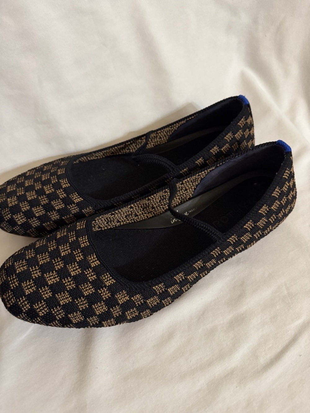 Rothy's The Max Square Mary Jane Black and Tan Knit Ballet Flats Sz 9